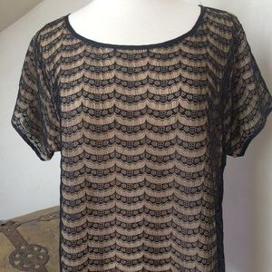 J Crew Nude w/Black Lace Short Sleeve Blouse